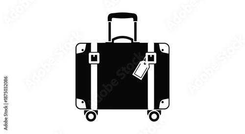 A simple black and white illustration of a vintage suitcase with a tag silhouette