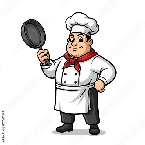 Cartoon chef holding frying pan on white background