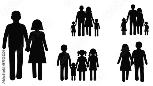 Diverse family groups in black silhouettes representing different relationships silhouette