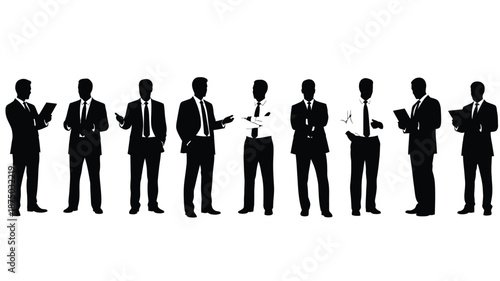 A row of business professionals in various poses black silhouette