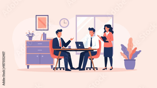 A flat illustration of three colleagues in a modern office having a productive business meeting