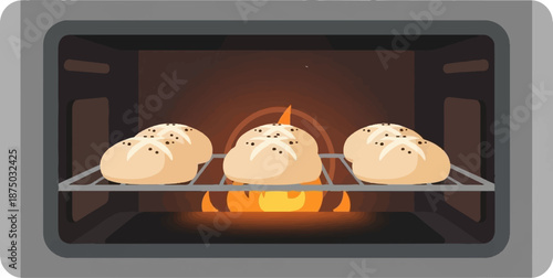 A flat illustration of three seeded bread rolls baking on a rack in a hot, glowing oven