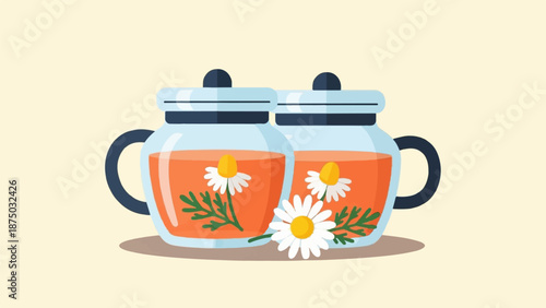 A flat illustration of two glass jars of chamomile tea with fresh flowers on a light background