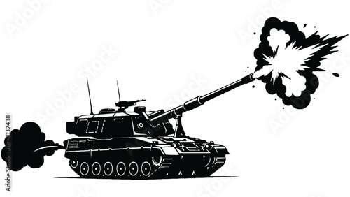 A black and white illustration of a tank firing its cannon