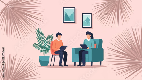 A flat illustration of two people in a counseling session, sitting in a calm, modern room