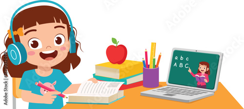 Cartoon Little Girl E-Learning with Laptop and Headphones. Happy Student Studying Online with Teacher on Screen, Books, and School Supplies. Home Education and Distance Learning Vector Illustration