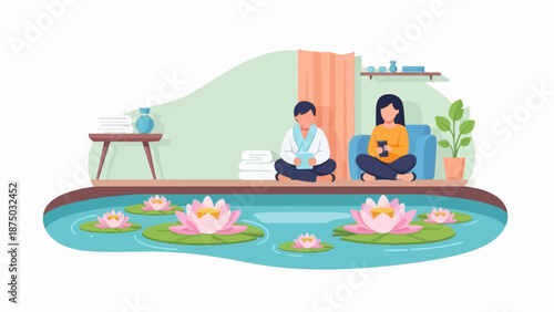 A flat illustration of two people relaxing indoors by a serene lily pond in a calm spa-like setting