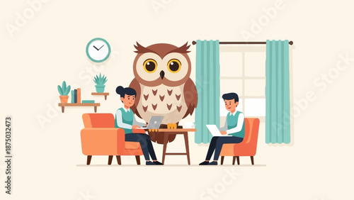 A flat illustration of two people with laptops and a giant owl in a cozy living room setting