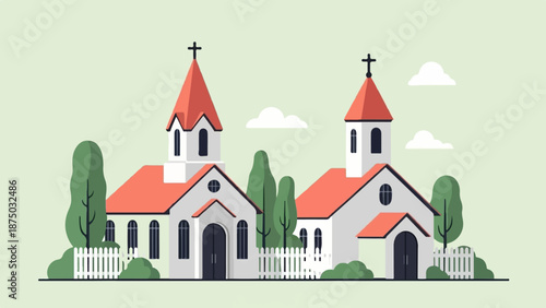 A flat illustration of two quaint churches with red roofs, steeples, and a white picket fence