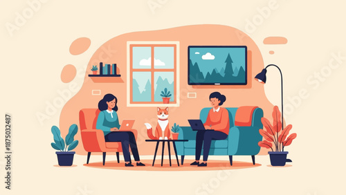 A flat illustration of two people working on laptops in a cozy living room with a cat on a table