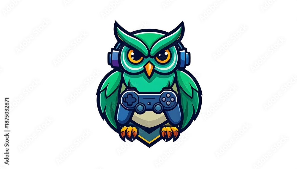 Obraz premium A cartoon owl wearing headphones holds a video game controller