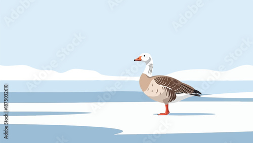 A flat vector illustration of a goose standing alone in a minimalist, snowy and icy winter scene