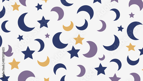 A modern flat design seamless pattern presenting an abstract arrangement of stylized crescent moons and stars, creating a dynamic and harmonious celestial theme for Ramadhan. 