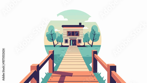 A flat vector illustration of a modern house at the end of a wooden walkway, surrounded by trees