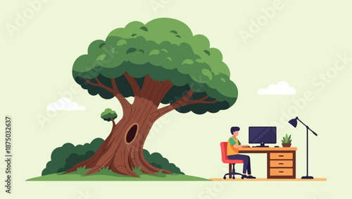 A flat vector illustration of a person working on a computer at a desk outdoors next to a huge tree