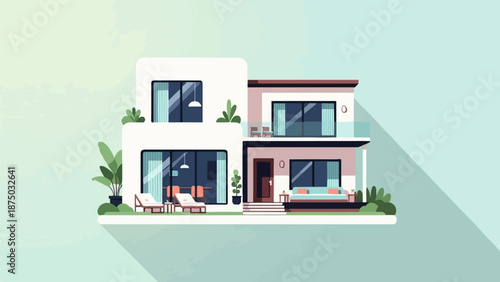 A flat vector illustration of a modern two-story villa with a terrace, balcony, and lush greenery