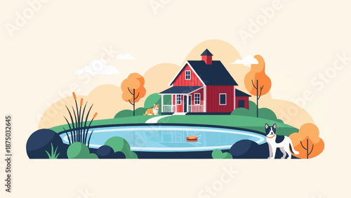 A flat vector illustration of a red farmhouse by a pond, with two dogs enjoying the autumn scenery