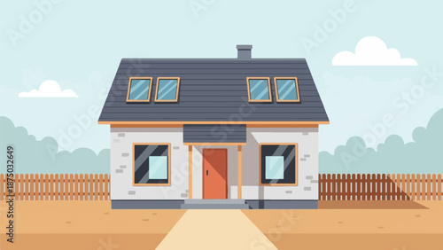 A flat vector illustration of a suburban home with a slate roof, brick walls, and a wooden fence