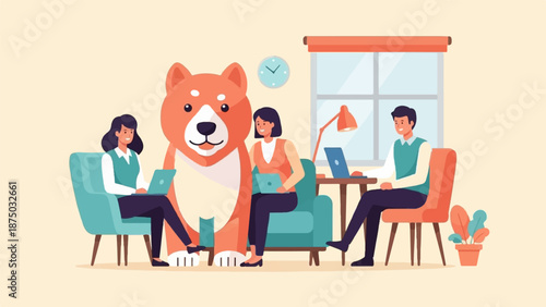 A flat vector illustration of a team working on laptops with a giant friendly dog in a cozy office