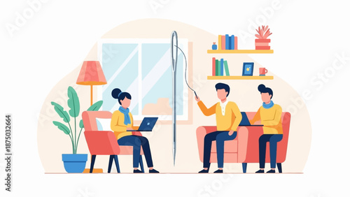 A flat vector illustration of a team collaborating in a room with a giant sewing needle