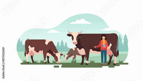 A flat vector illustration of a woman with a mug standing with cows grazing in a scenic pasture