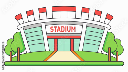Vector illustration showing cartoon style sports stadium front view, green landscape surroundings, city arena exterior