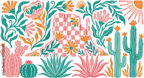 Boho Desert Landscape Illustration with Checkered Mountain, Cacti, and Floral Elements