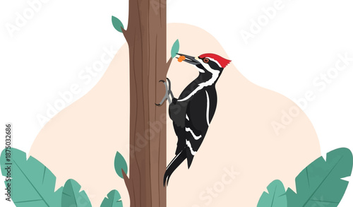 A flat vector illustration of a woodpecker with a red crest perched on a tree trunk, holding a berry