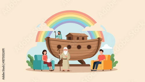 A flat vector illustration of an elderly prophet telling the story of the ark under a vibrant rainbow
