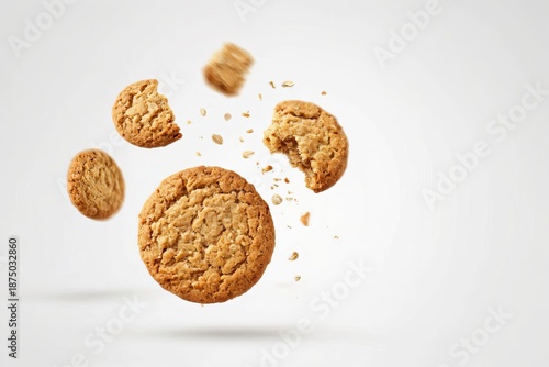 Golden brown oatmeal cookies falling through the air onto a bright white background.
