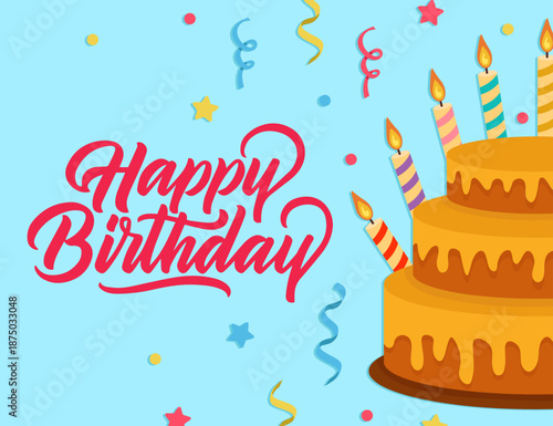 Happy birthday vibrant greeting card cake with candles colorful confetti in background