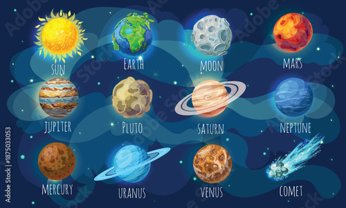 Cartoon Solar System Planet Set. Vector Illustration of Sun, Earth, Mars, Jupiter, Saturn, and Comet on Space Background. Educational Space Exploration Infographic for Kids