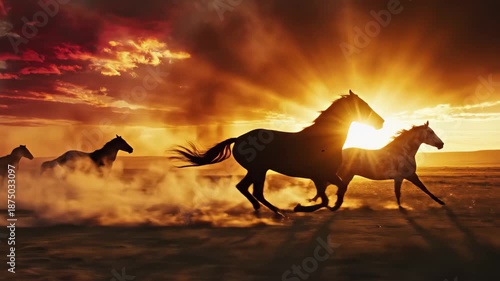 Silhouettes of wild horses running across a dusty plain during a dramatic orange and yellow sunset