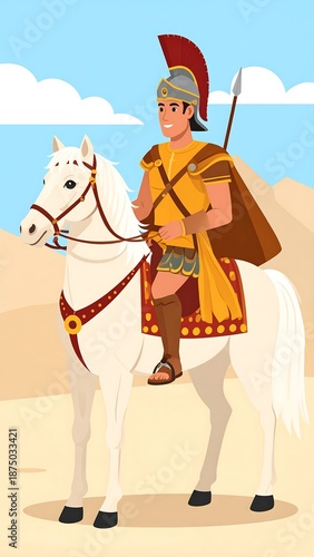 A cartoon illustration of a roman soldier riding a white horse