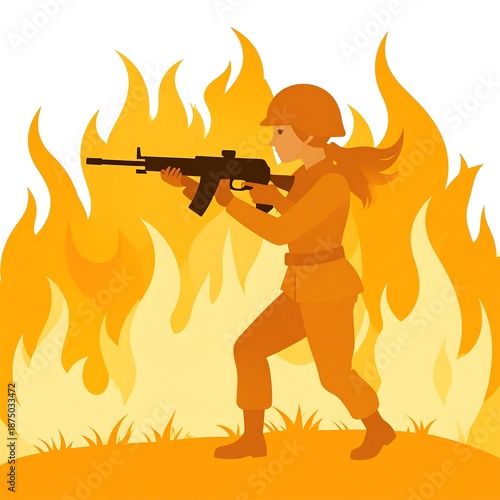 A cartoon soldier holding a gun in front of flames