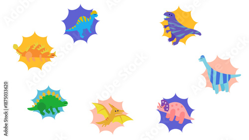恐竜がポップな吹き出し風デザインで並んだかわいいイラストセット