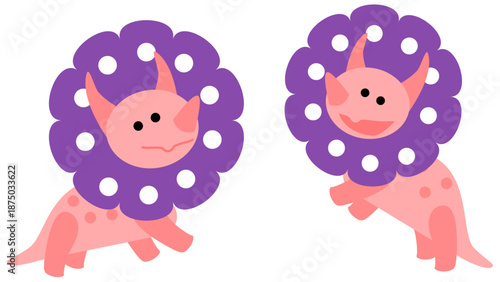 表情違いのトリケラトプスのかわいい恐竜キャラクターのシンプルなイラストセット