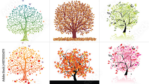 Four Seasons Tree Vector Collection. Stylized Spring, Summer, Autumn, and Winter Trees with Flowers, Fruit, and Falling Leaves. Nature and Environment Concept Illustrations for Calendar and Web