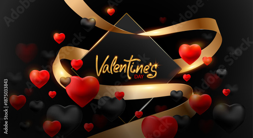 Luxury Valentine's Day Banner with 3D Red and Black Hearts. Elegant Gold Ribbon and Script Calligraphy on Dark Background. Romantic Greeting Card Design for Love, Anniversary, and Weddings