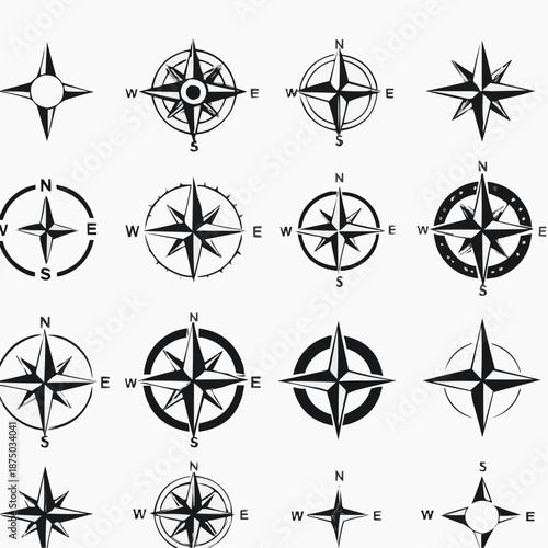 Set of sixteen unique compass rose designs in grid layout"