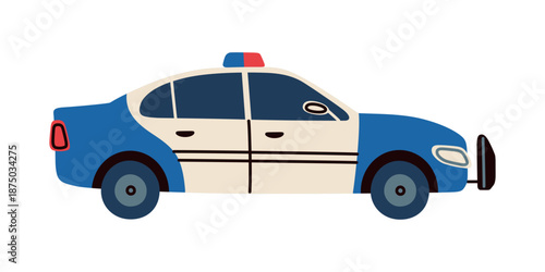 Cartoon police car for urban transport theme, vector flat cartoon illustration in friendly style. City service vehicle for kids education, traffic safety, apps, learning materials and city scenes