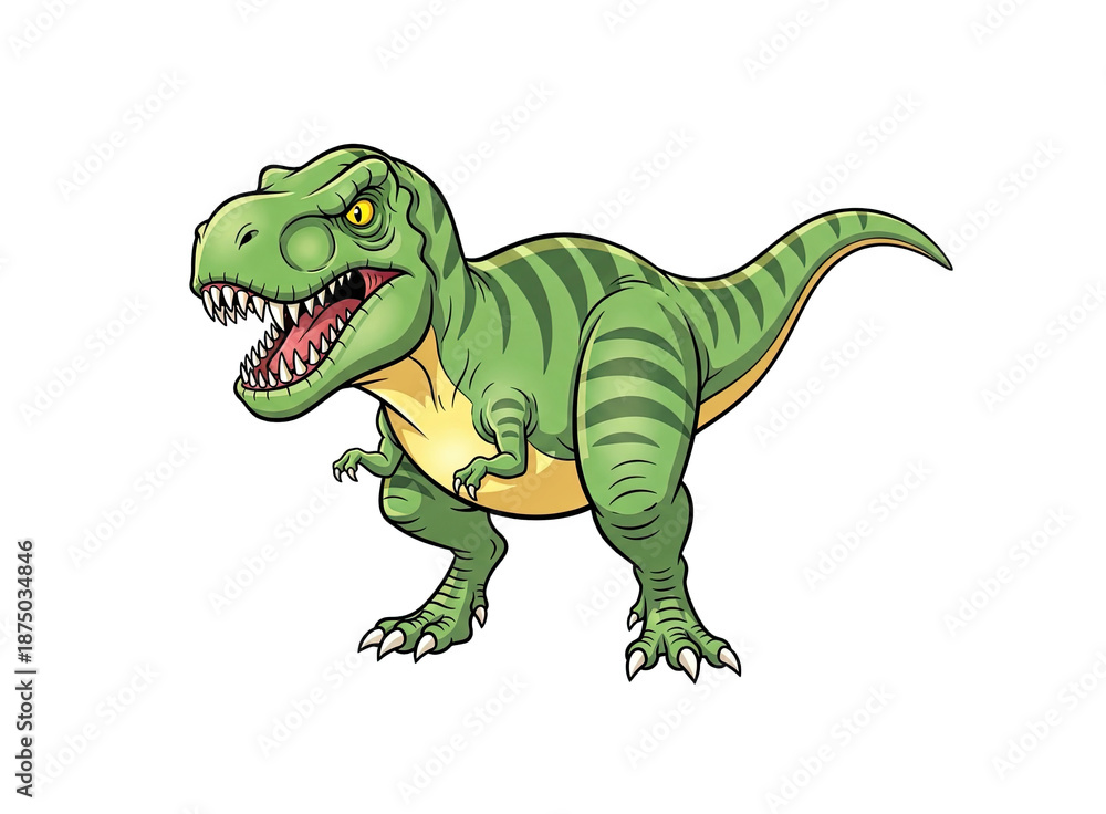Obraz premium Green Tyrannosaurus Rex Dinosaur Roaring Aggressively With Sharp Teeth And Claws Full Body Isolated