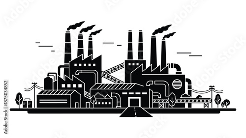 Industrial complex with smokestacks and factory buildings a stark silhouette