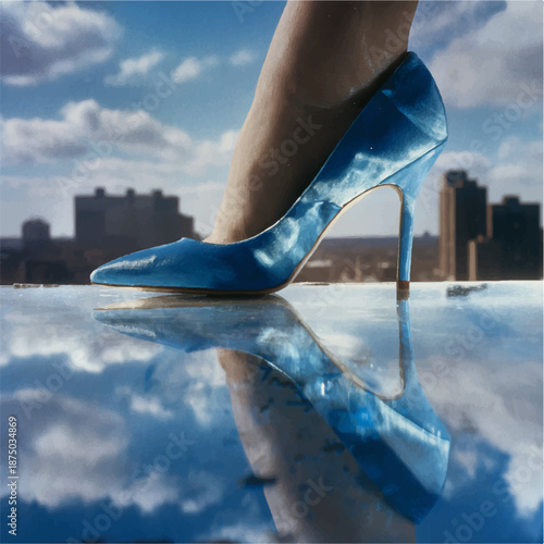 Elegant blue high heel shoe on reflective surface with cityscape background