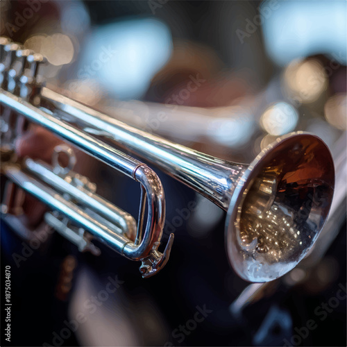 Close-up of a shiny trumpet in a musical ensemble