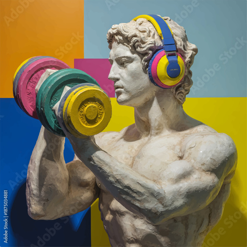 Classical Marble Statue of Muscular Figure Lifting Colorful Dumbbell with Vibrant Headphones against Modern Color Block Background