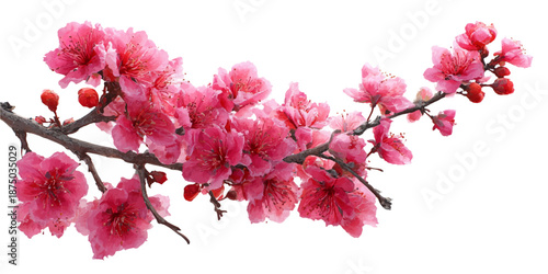 Pink cherry blossom branch on white background