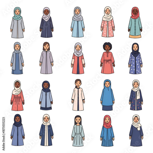 Diverse Muslim Women Wearing Hijab and Traditional Clothing in Various Colors and Styles