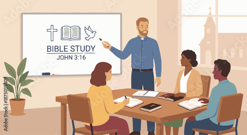 Pastor Teaching Bible Study
A flat vector illustration of a pastor teaching a small Bible study group. Bible verses or symbols appear on a board. 