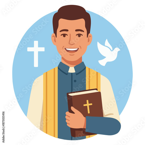 Friendly Pastor Portrait
A flat vector illustration of a friendly pastor smiling confidently, holding a Bible. Simple background with church icons like cross and dove. 